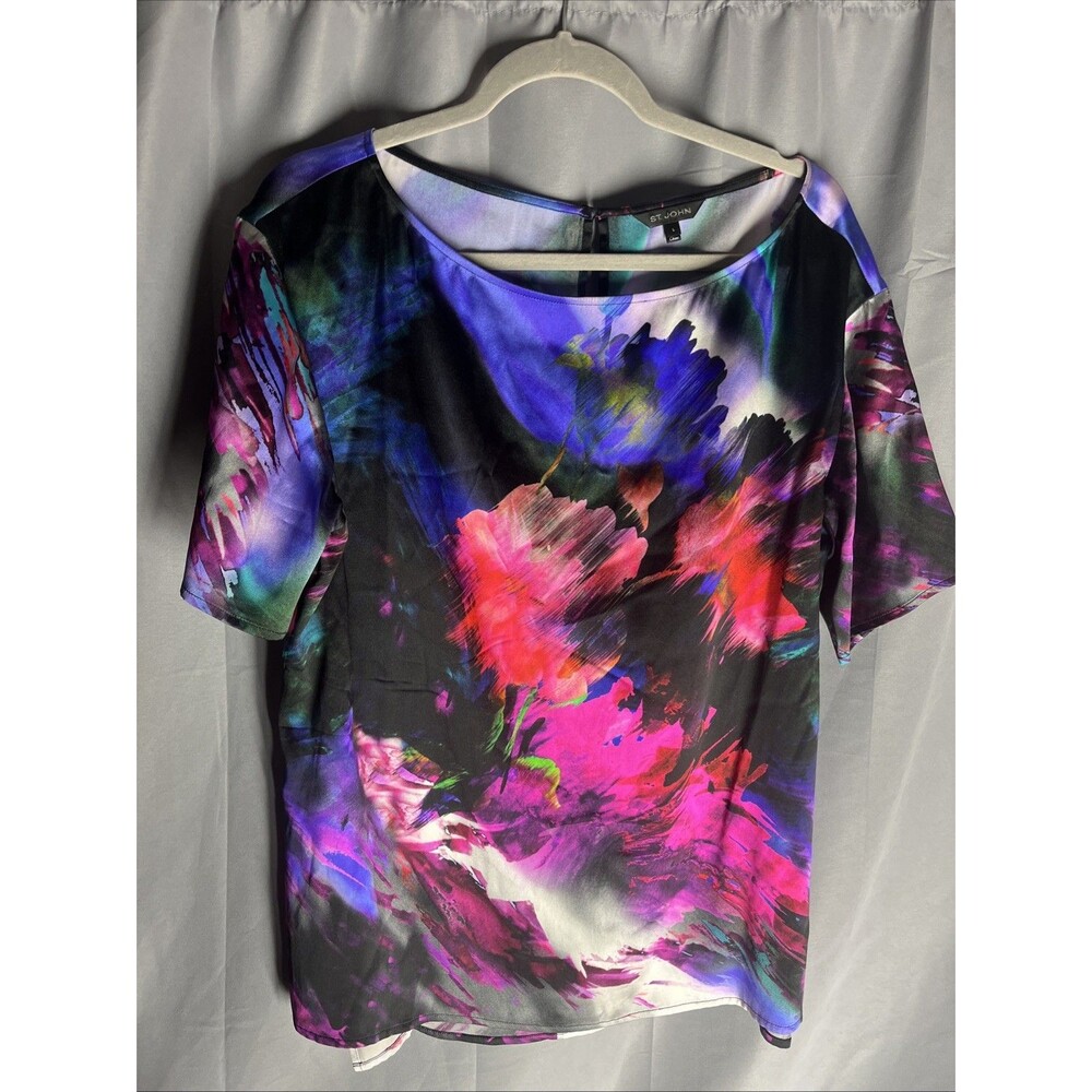 St John Collection Top Blouse Women's size L Large Floral silk Colorful Career